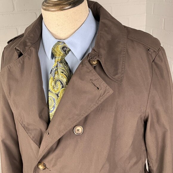 Savile Row London Coat Men Medium 42‎ Brown Kingston Trench Rain Belt Warmer VTG - Picture 2 of 16